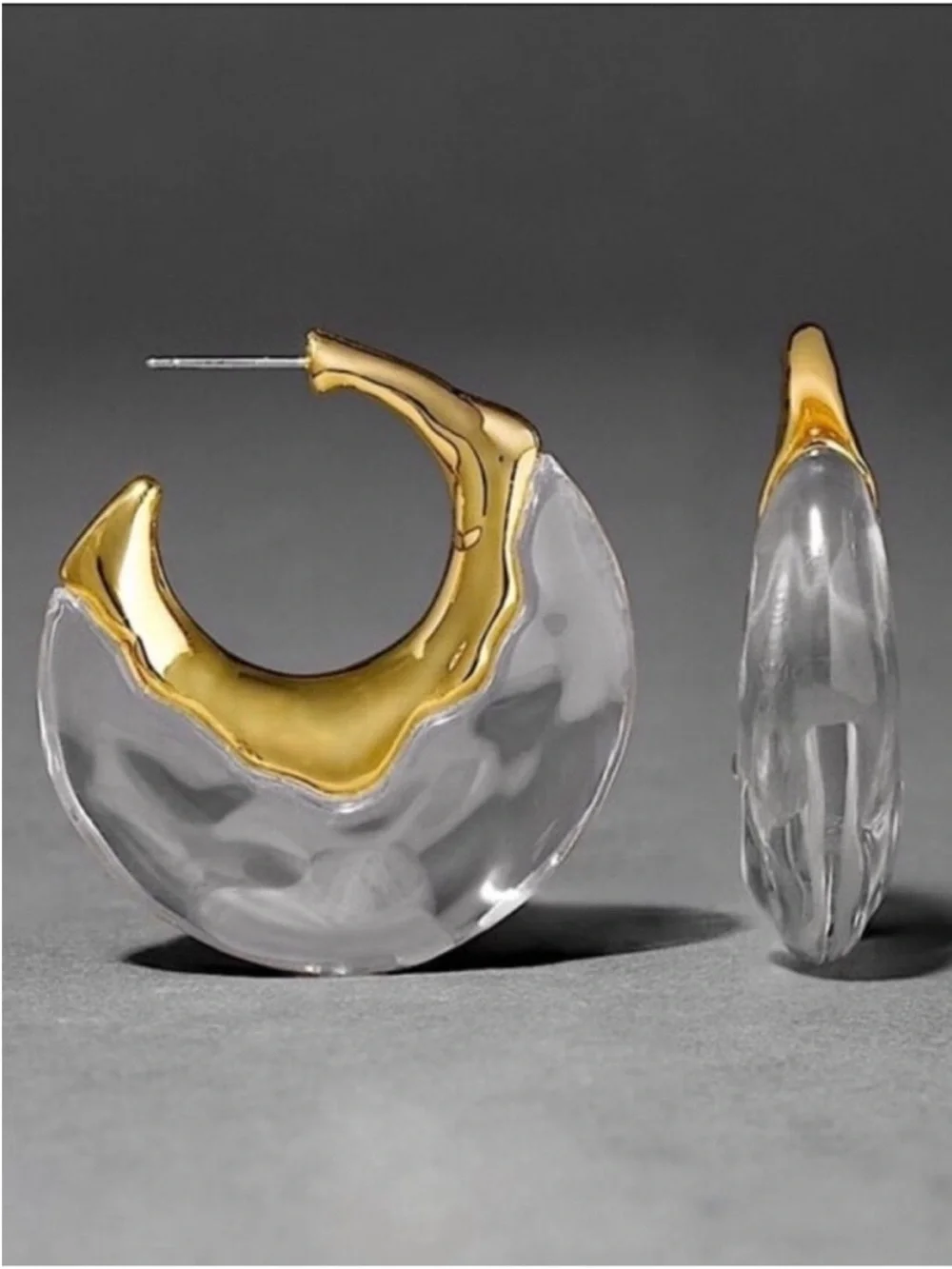 Alexis Bittar· Puffy Gold and Clear Liquid Lucite Moon Hoop Earrings